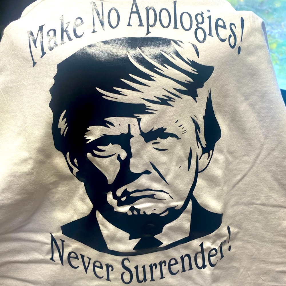 "Make No Apologies, Never Surrender" Trump 2024 Graphic Unisex Tee w/ Pocket